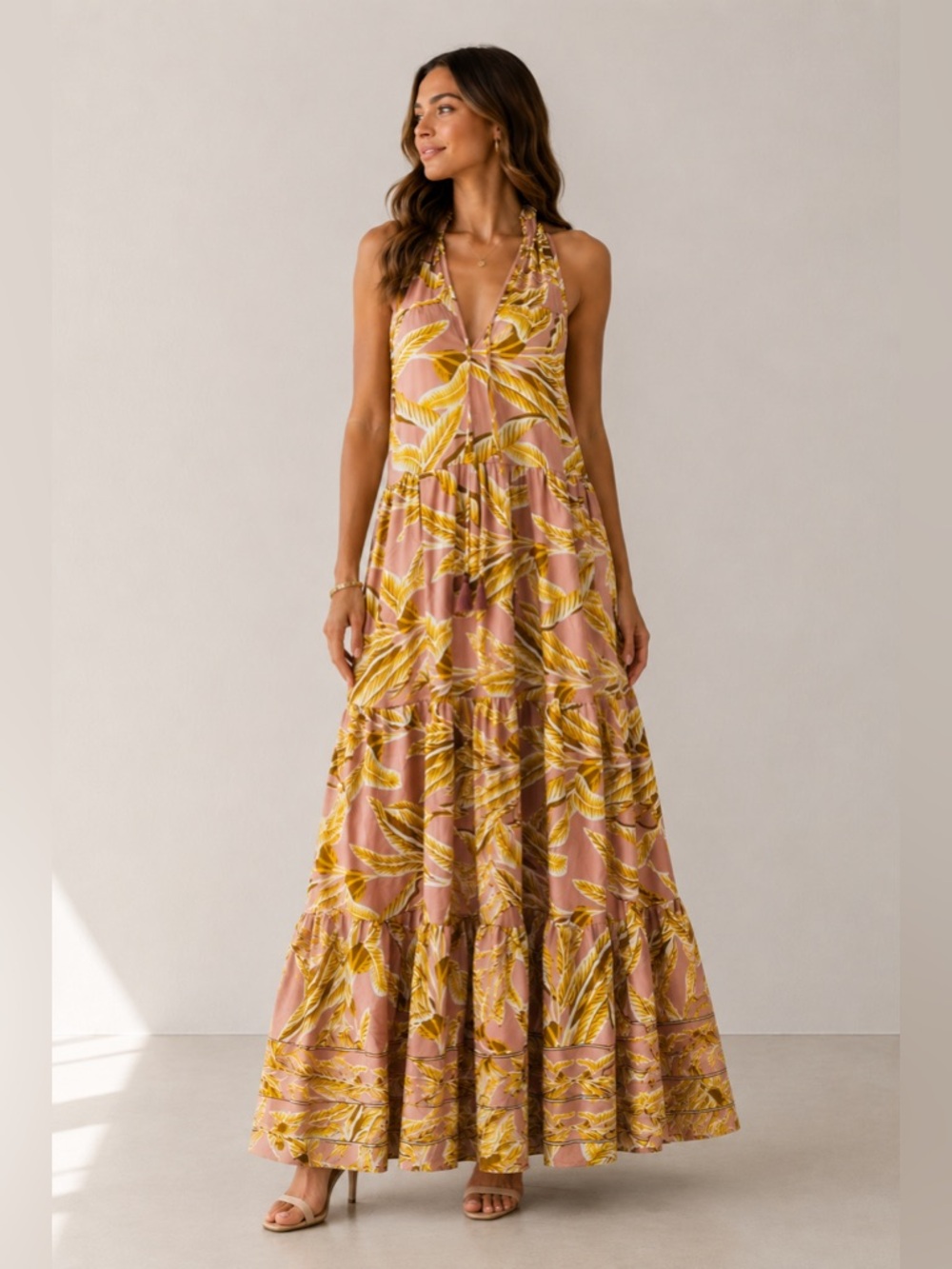 Boemo Halter Maxi Dress S Pink Yellow Palm Leaf Tiered Ruffle Tropical